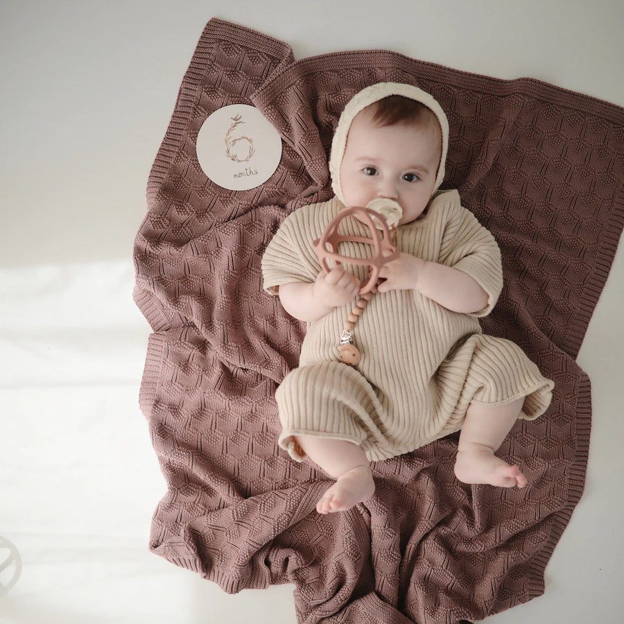 Mushie | Knitted Honeycomb Baby Blanket, Desert Rose